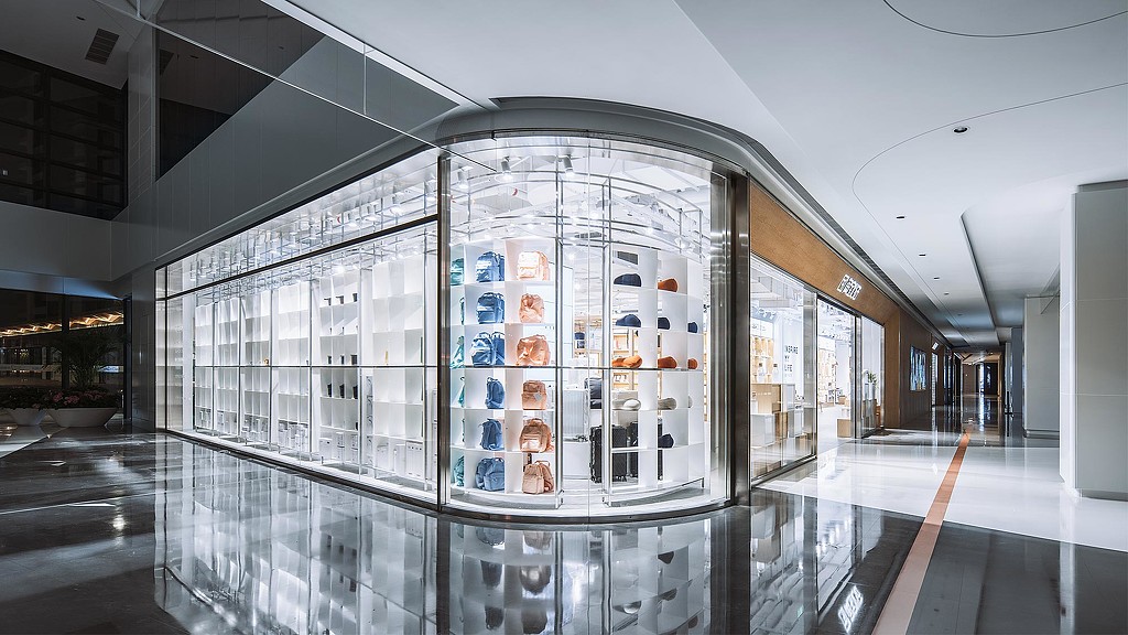 A glass display case in a building.